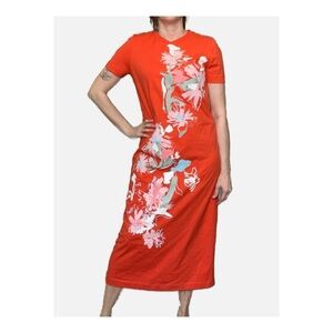 Tanya Taylor Mallorie Short Sleeve Floral Midi Dress Tiger Lily Orange Large